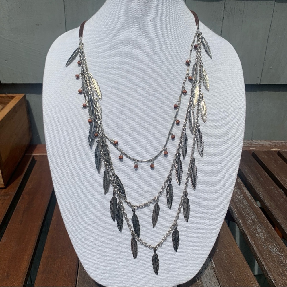 Western Bohemian Metallic Silver Feather Layered Necklace